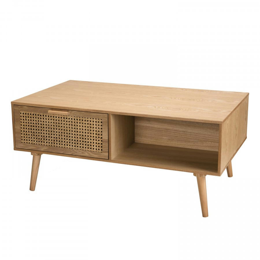 ROMEO - Table basse 1 niche 2 tiroirs en pin cannage couleur naturelle L100