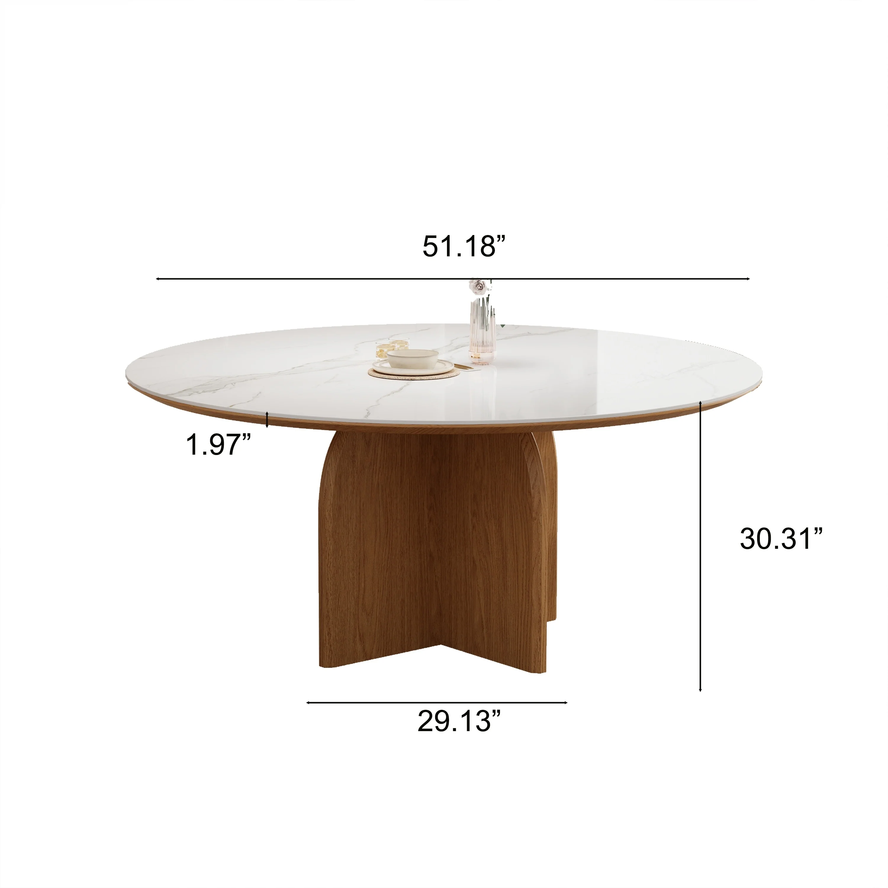Modern White Round Dining Table, Glossy Sintered Stone, Solid Wood for 4-8