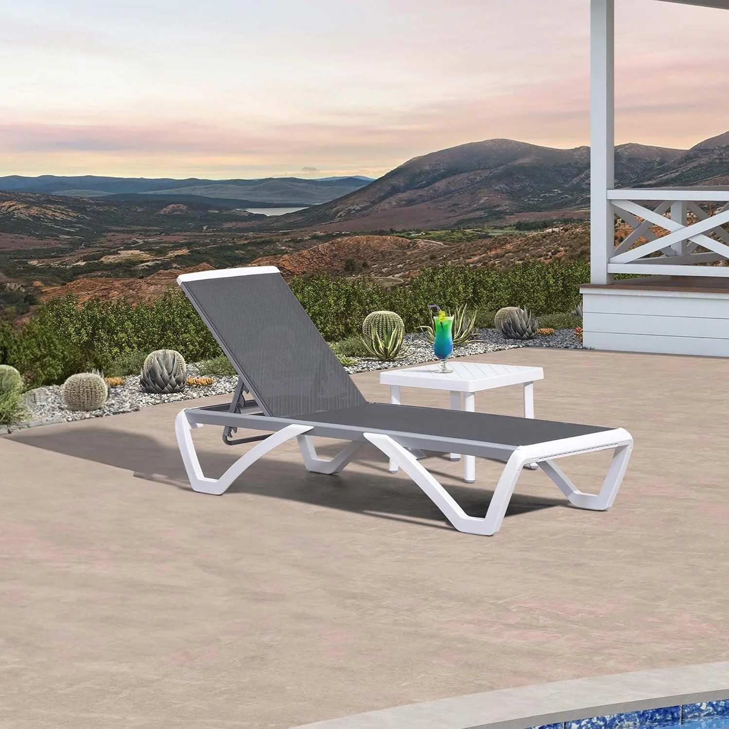 PURPLE LEAF Patio Chair Set Plastic Outdoor Chaise Lounge Chairs with Table for Outside Lawn Poolside,Grey - 76 x 27.4x12.2