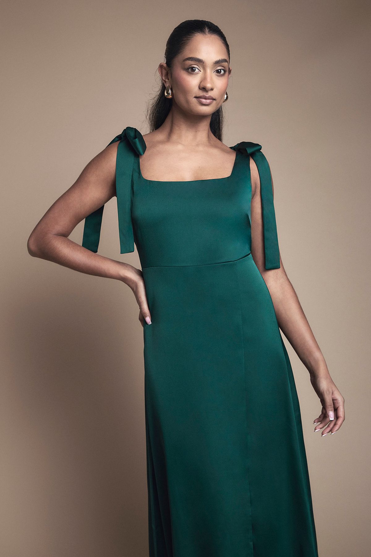 Oasis Emerald Satin Tie Shoulder Midi Bridesmaid Dress