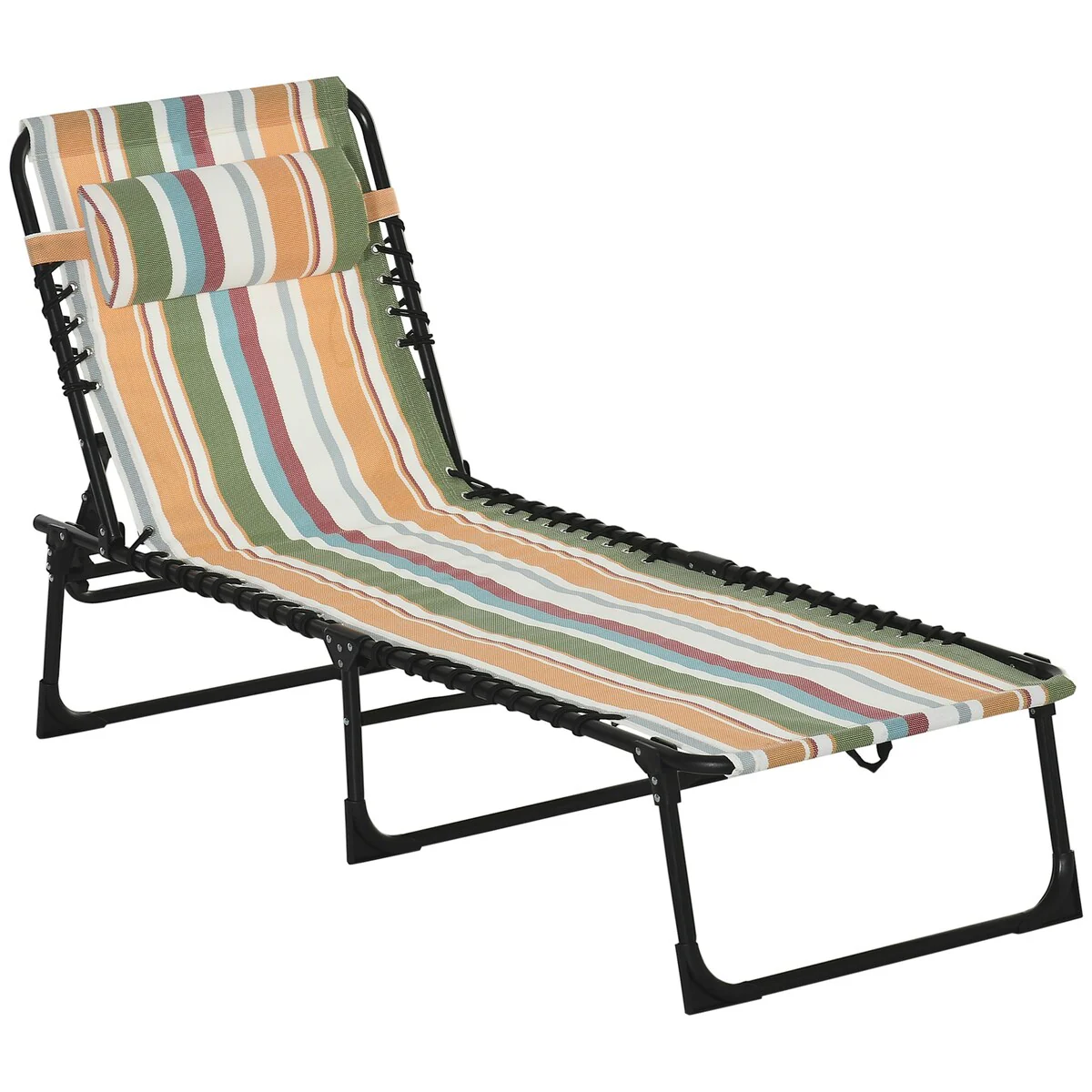 Outdoor Folding Chaise Lounge with 4-Position Reclining Back, Pillow, Breathable Mesh & Bungee Seat, Rainbow Striped