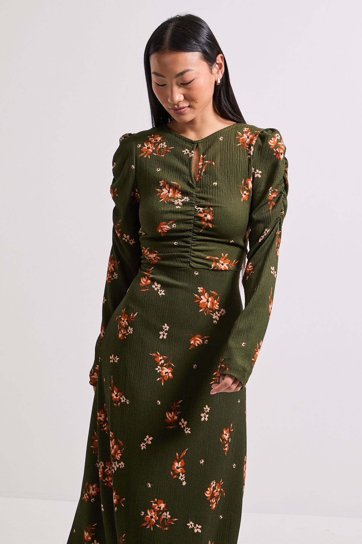 Dorothy Perkins Petite Khaki Floral Keyhole Midi Dress