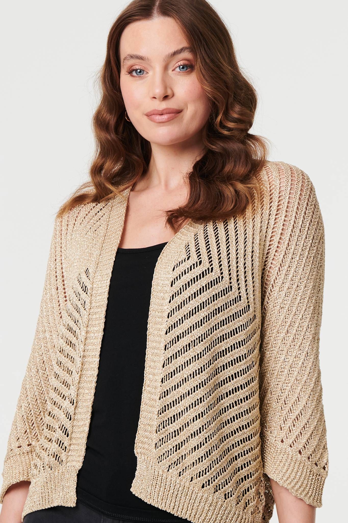 Izabel London Chevron Texture Mesh 1/2 Sleeve Cardigan