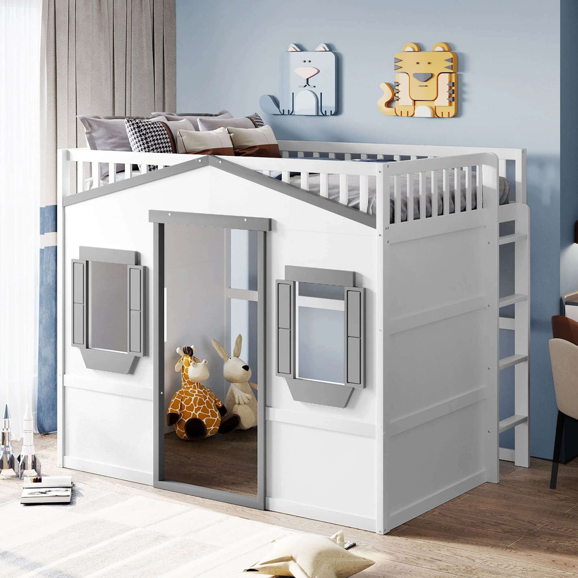 Full Size Solid Wood House Loft Bed with Ladder for Kids