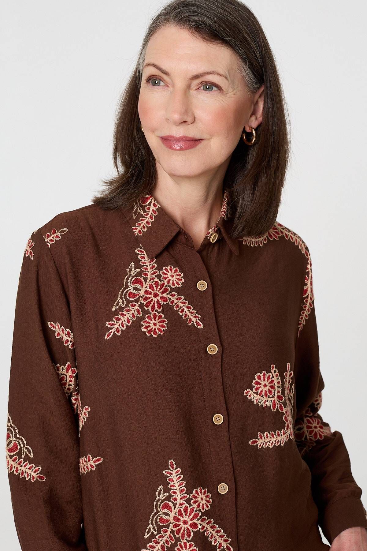 Izabel London Floral Stitch Detail Long Sleeve Shirt