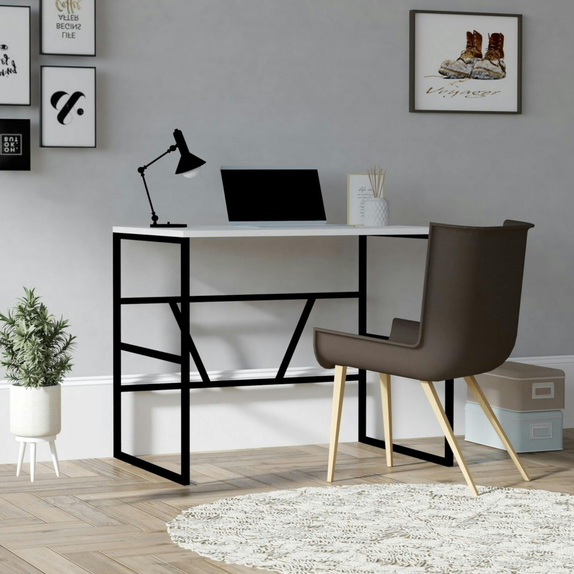 Petit bureau moderne noir avec plateau blanc JENA