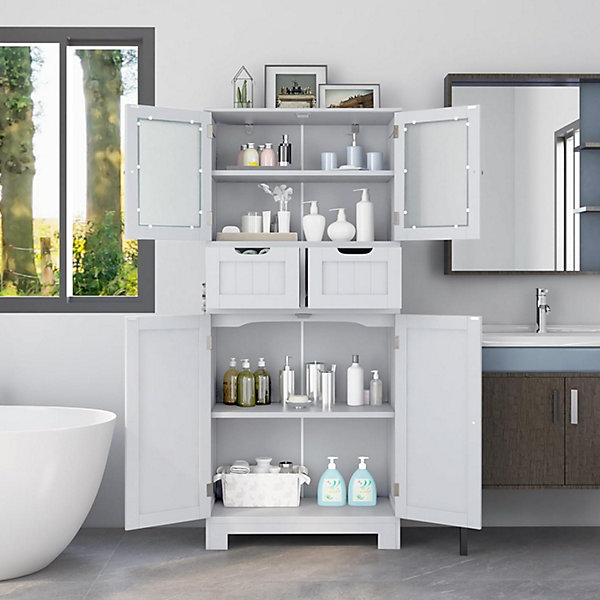 Meuble de Rangement sur Pied avec Compartiment à Porte en Verre Trempé 2 Tiroirs et 1 Cabinet Clôturé Meuble dIntérieur