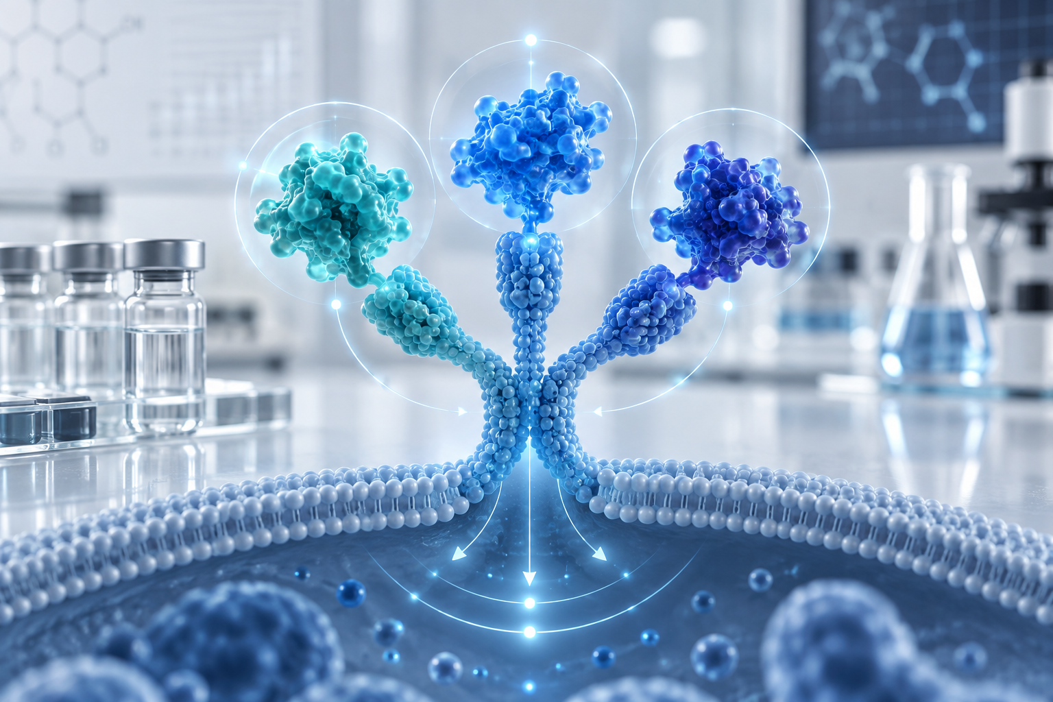Three blue molecular signaling branches arranged around research vials in a bright laboratory.
