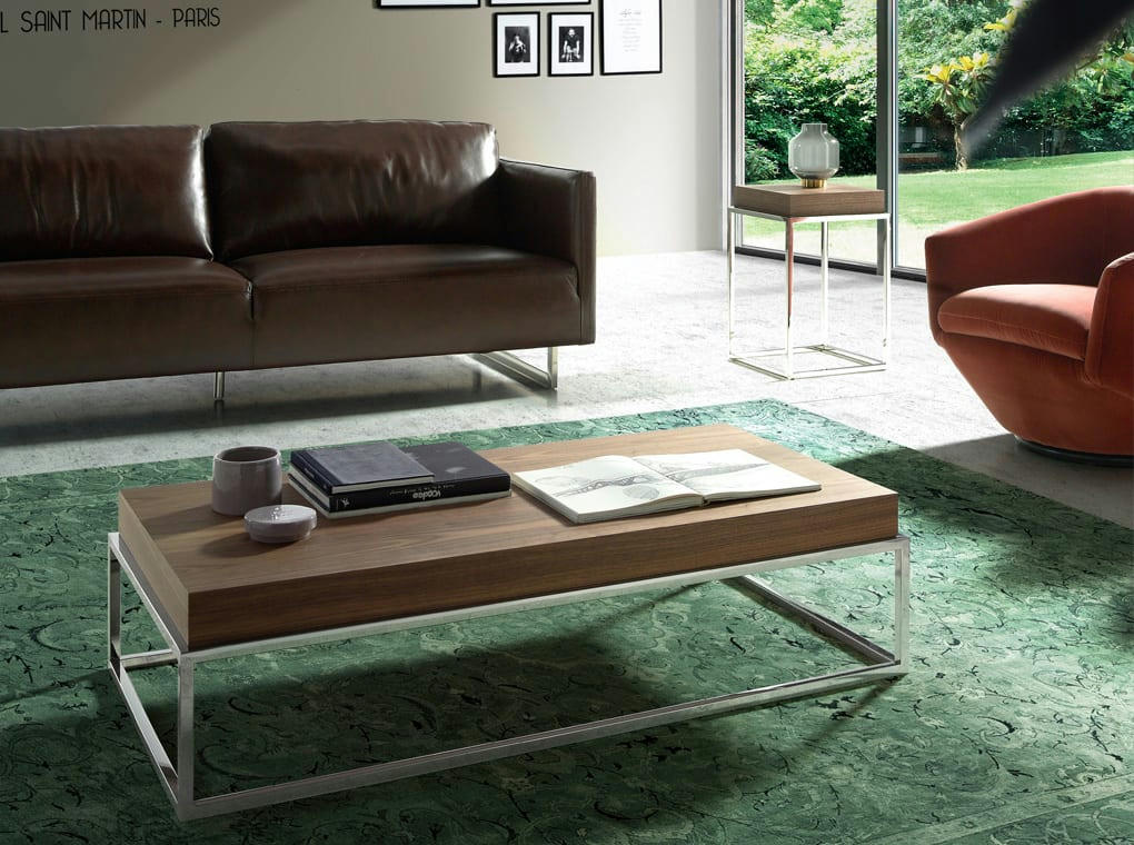 - Table basse effet bois noyer et acier