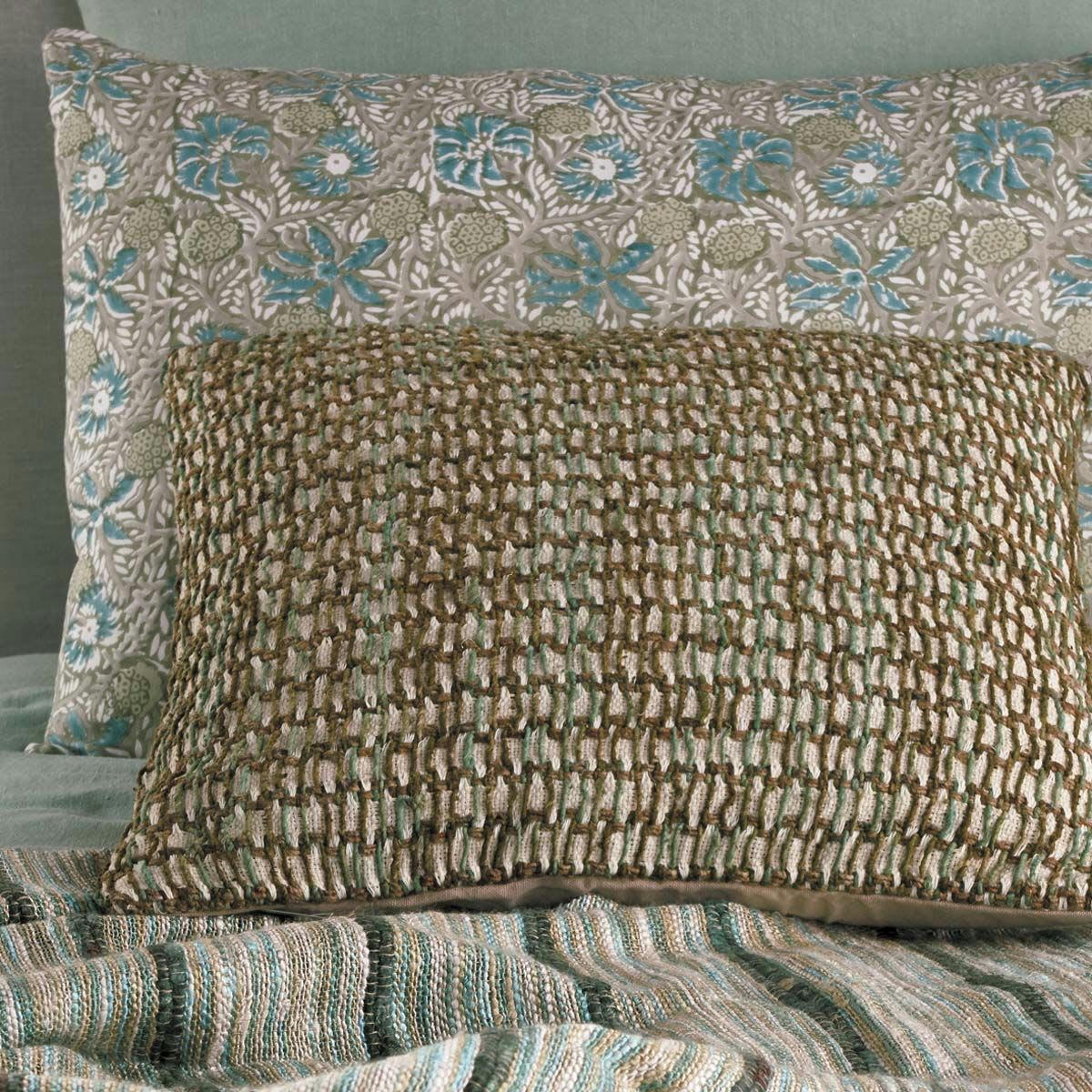 - Coussin carré déhoussable en coton block print dominante jaune Pamir