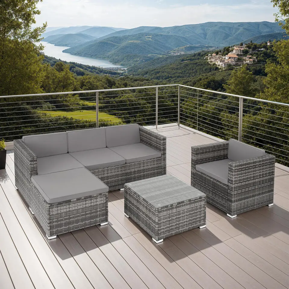 tectake Wicker lounge Lignano met fauteuil, Grijs