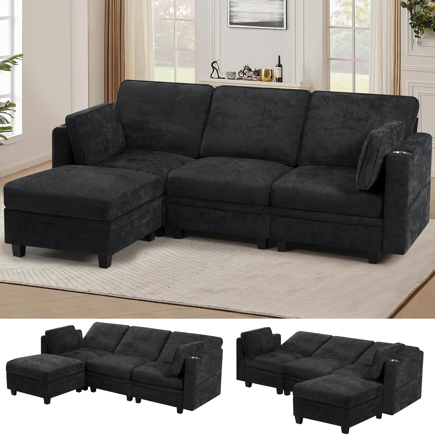 86 Inches Chenille 3-Seat Sofa w/Adjustable Backrests, Sectional Sofa w/Cup Holders & Movable Storage Ottoman, Upholstery Fabric Couch w/USB & Type-C Charging Ports for Living Room, Black
