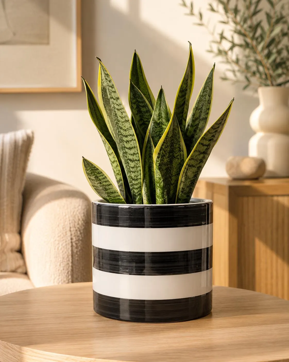 Black & White Striped Ceramic Planter | Indoor Plant Pot with Drainage Hole | Modern Home Decor | Housewarming Gift