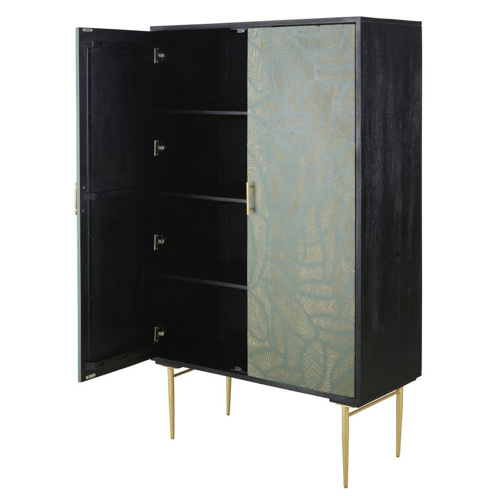 Manaos - Armoire 2 portes en bois de manguier massif noir sculpté motifs feuilles