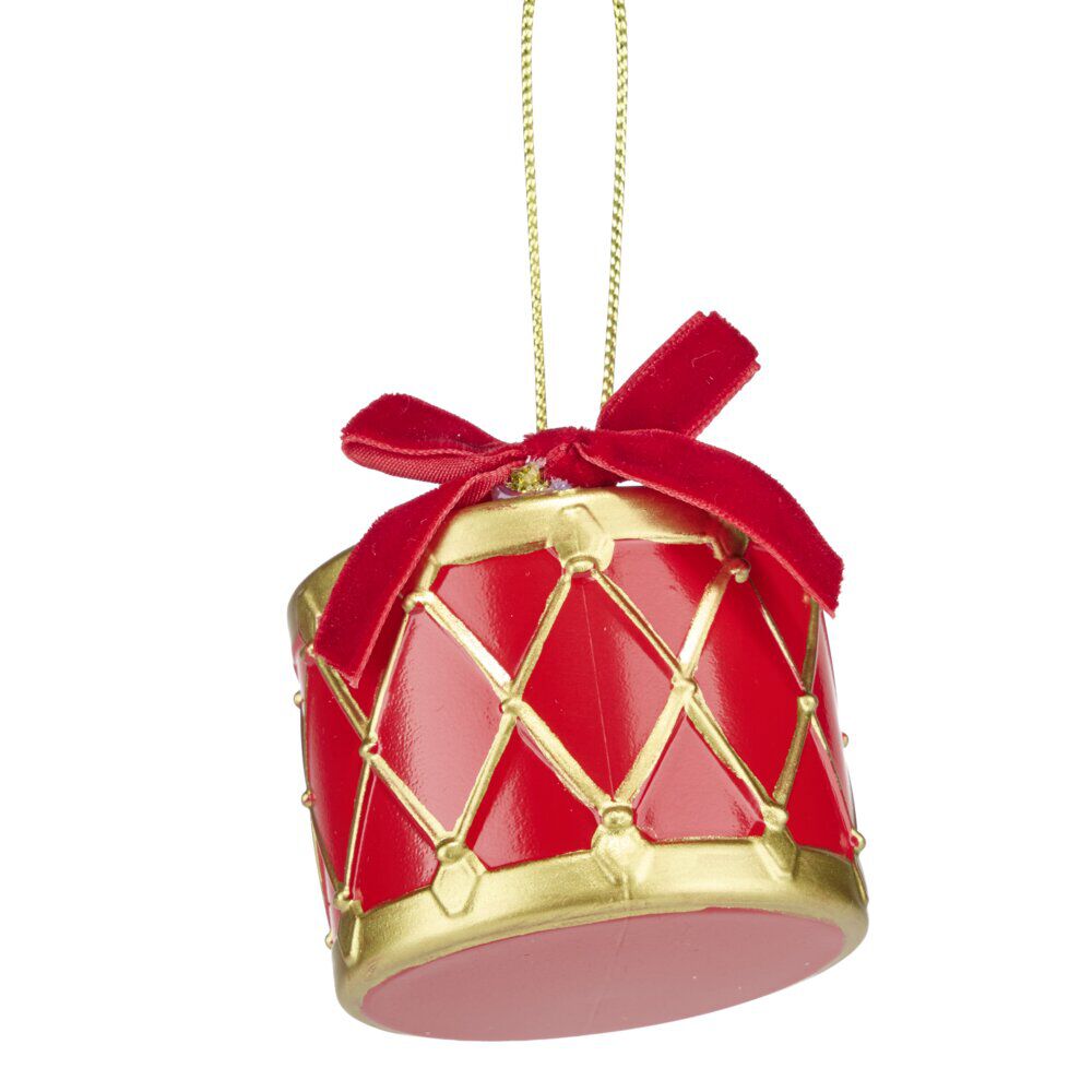 Tambours de No&euml;l rouges et dorés x3 à suspendre L7cm