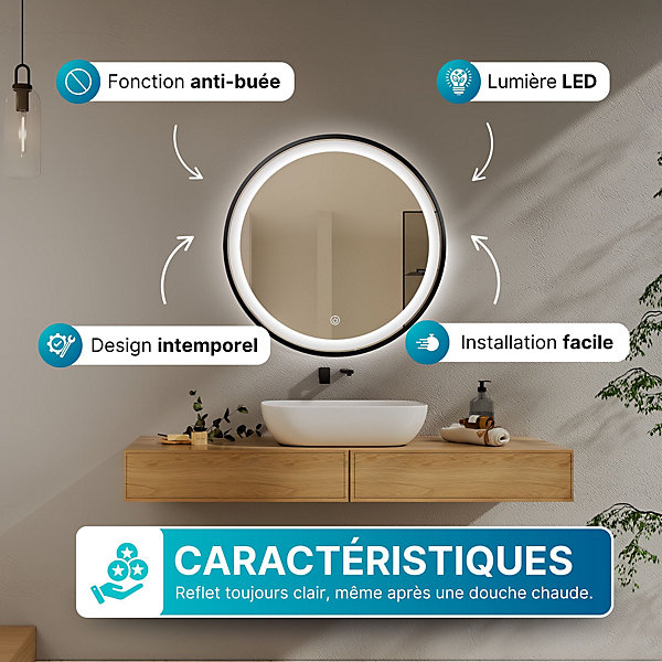 Miroir rond LED Diametre 60 cm avec cadre aluminium noir