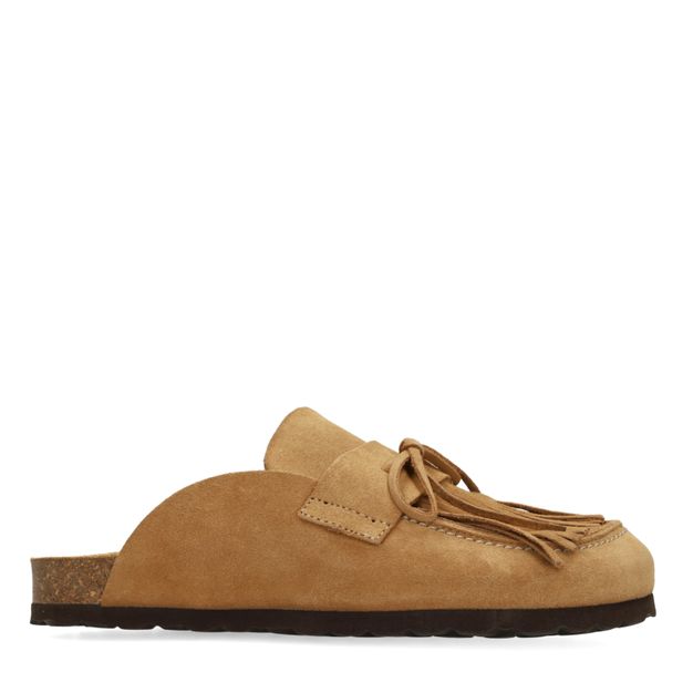 Taupe suède clogs met franjes