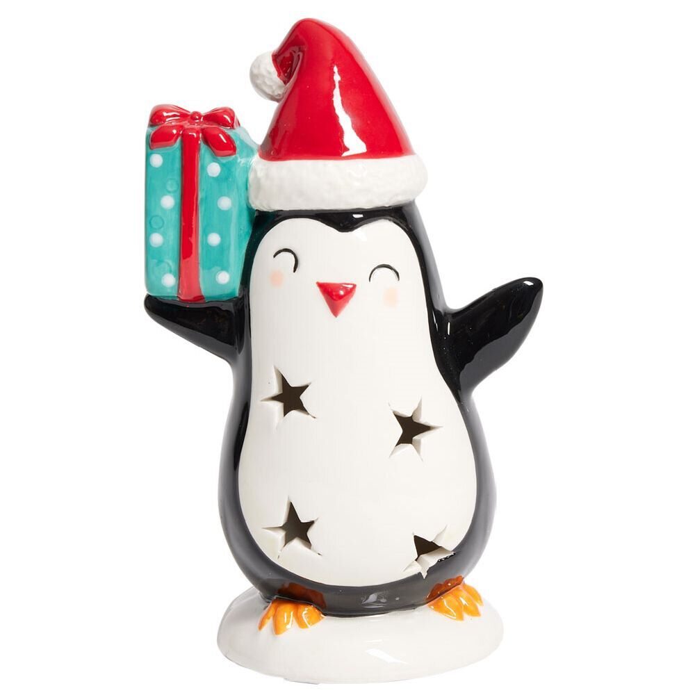 Pingouin de No&euml;l lumineux 1LED céramique noir et blanc H15,5cm
