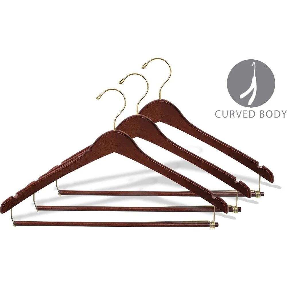 Curved Wood Suit Hanger with Locking Bar, Set of 25 17 Inch Hangers with Walnut Finish & Brass Swivel Hook & Notches