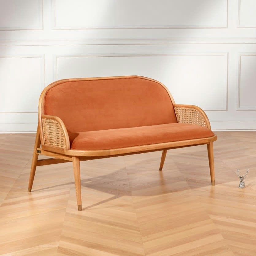 MARCEL - Banquette 2 places en chêne massif, cannage et velours caramel