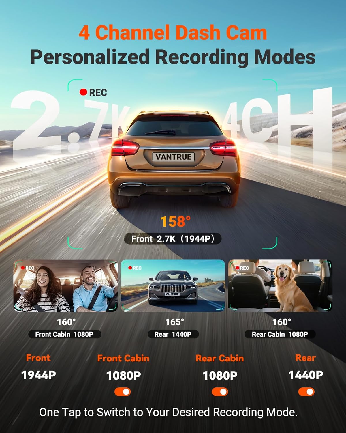 Vantrue N5S 4 Channel 360 Degree 2.7K Dash Cam  4CH STARVIS 2 Night Vision  2.7K+1080P*2+1440P Front Rear Inside Dashcam  24/7 Buffered Parking Mode  WiFi  Voice Control  Dual GPS  Support 1TB Max
