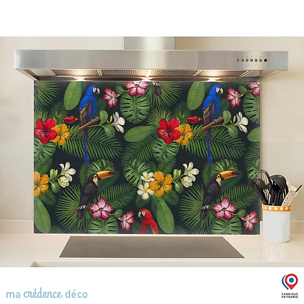 Crédence cuisine fond de hotte fleurs et feuilles tropicales - Verre trempé - L 90 cm x H 50 cm - MaCrédenceDéco