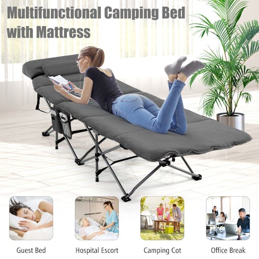 NNECW Folding Travel Camping Cot with Carry Bag Removable Mattress & Pillow-Grey