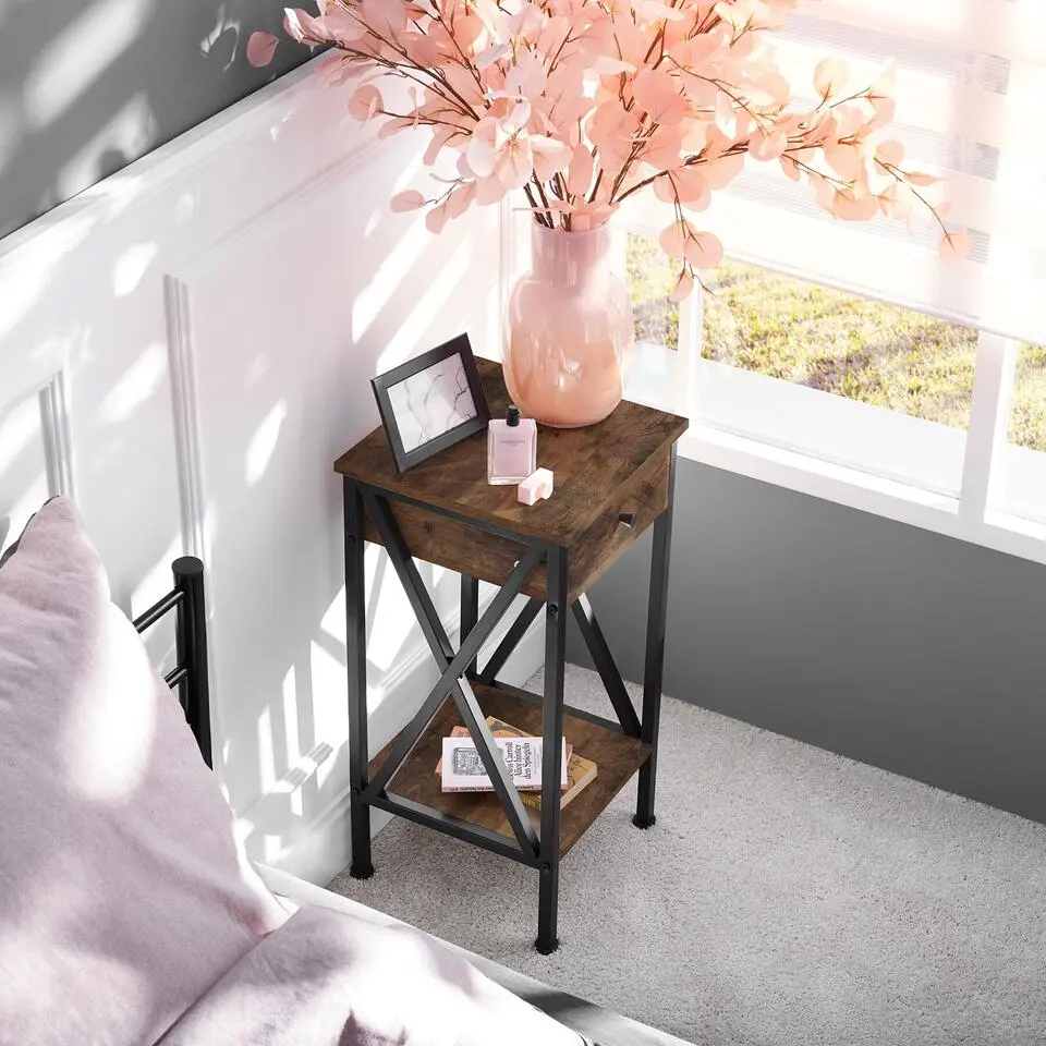 tectake Bijzettafel Dayton 35x35x70,5cm, Industrieel Hout Donker, Rustiek