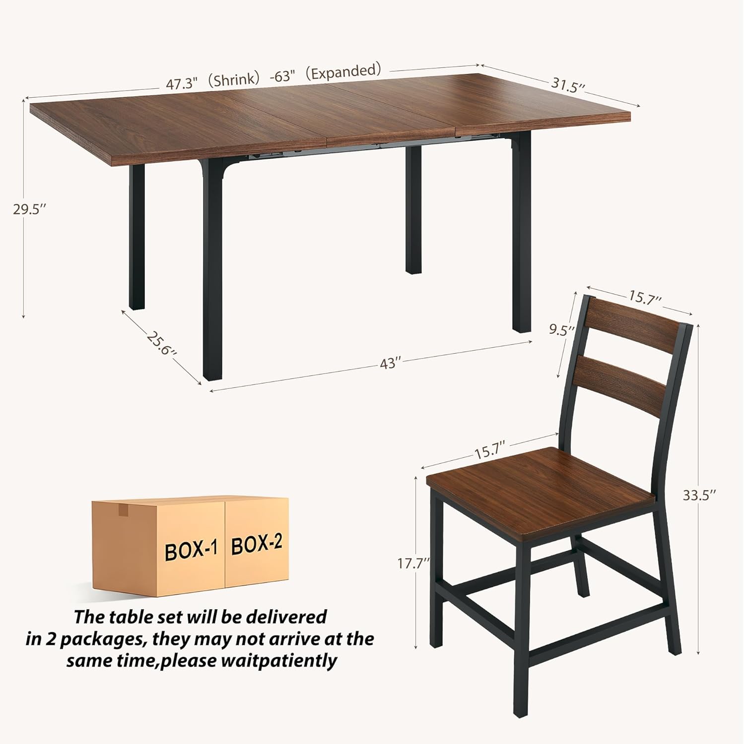 7-Piece Dining Table Set for 4-6, 63 Large Extendable Kitchen Table Set with 6 Chairs, Curved Backrest, Dining Room Table with Solid Metal Frame & MDF Board, Easy Assembly, Walnut