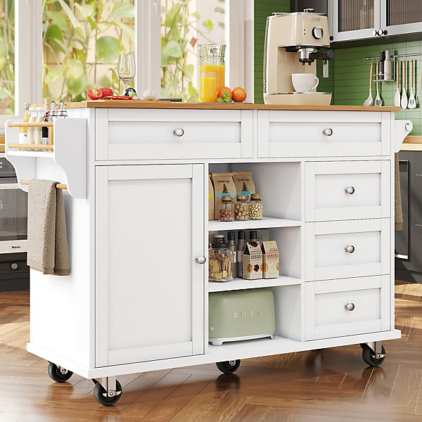 Îlot de cuisine Double Usage avec Tiroirs et étagères, Meuble Mobile en MDF, Blanc, 134x46x92 cm