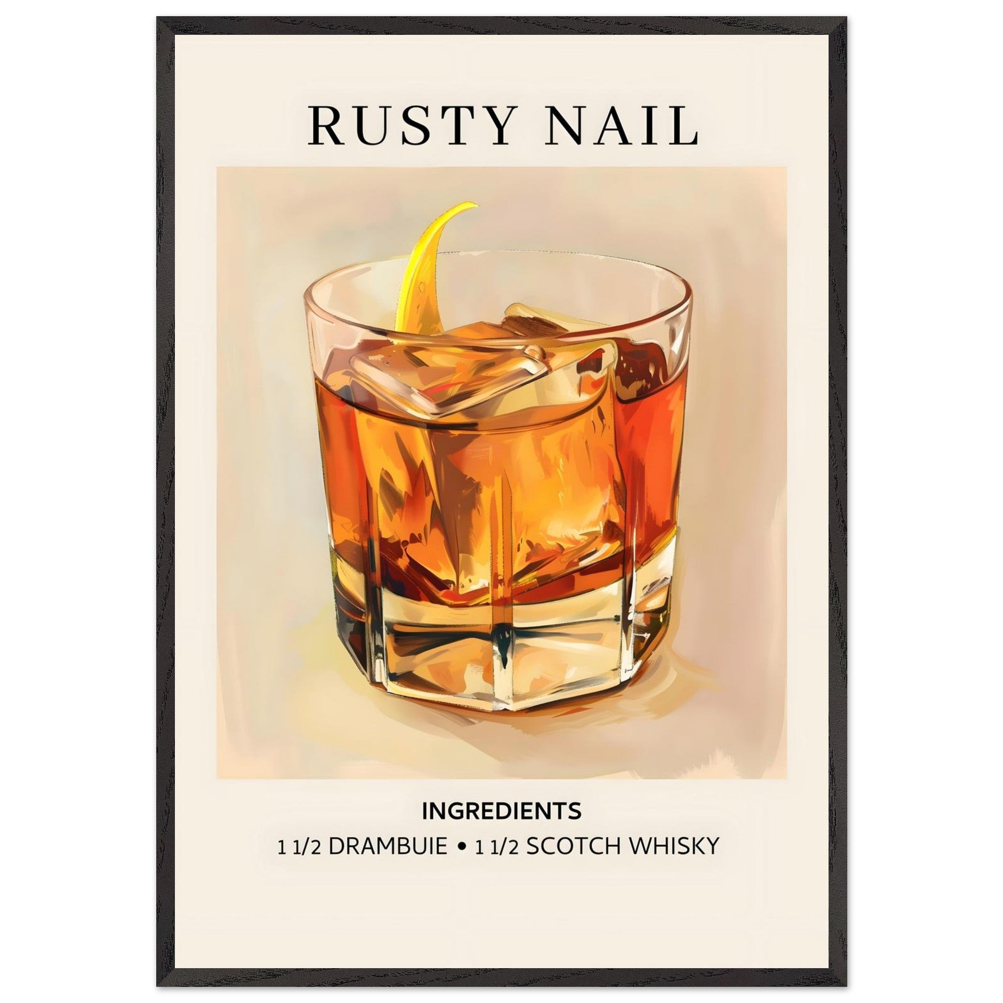 Artfulprints Poster met Lijst Rusty Nail cocktail - Ingredients  - 70x100 cm - Bruin