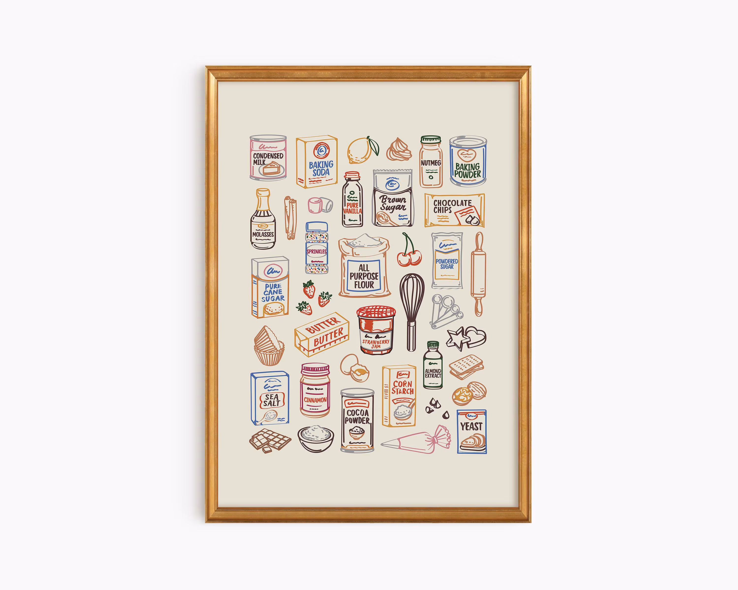 Baking Pantry Wall Art, Vintage Kitchen Print, Colorful Bakeware Decor, Pastry Lover Gift, Cottage Bakery Poster