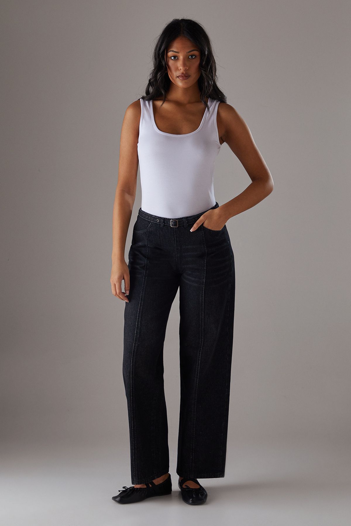 Warehouse Denim Low Rise Seam Detail Belted Wide Leg Jean