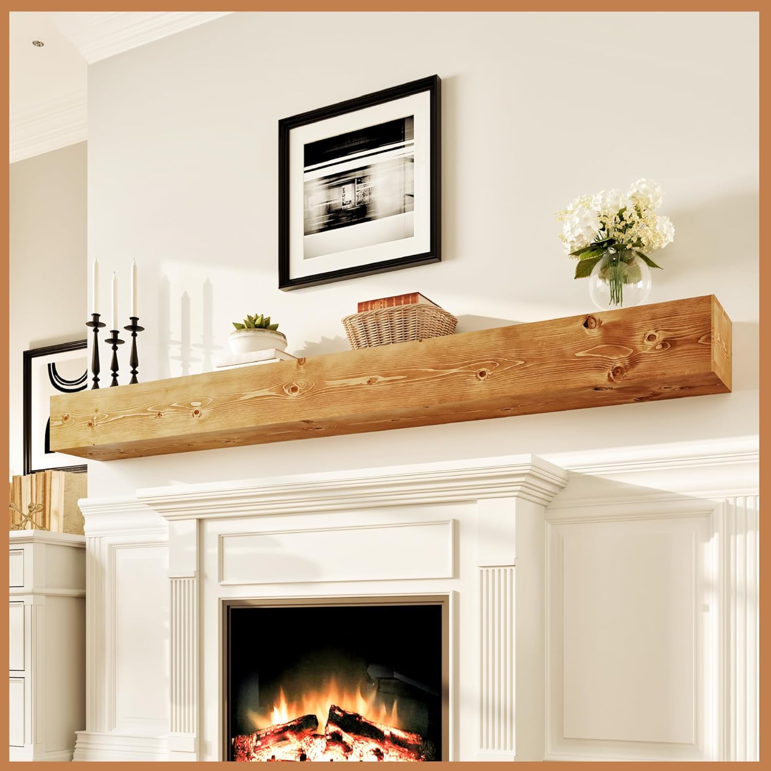 Avana Rustic Fireplace Mantle Shelf 84 Inches - Handcrafted Wood Wall Shelf for Home Decor - Farmhouse Mantel 84 X 8 X 5 - Rustic Natural