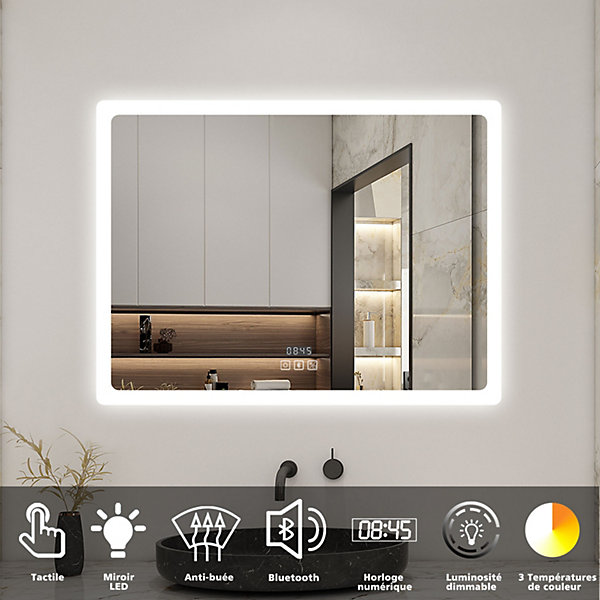 Miroir de salle de bain LED avec bluetooth et horloge, 100x60cm, Tri-color, anti-buée, AICA SANITAIRE