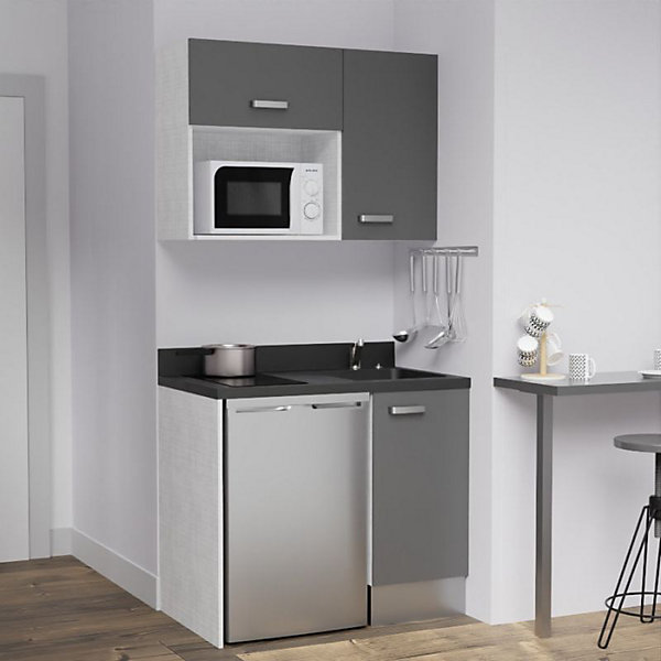 Kitchenette K00 - 100 cm - façades Gris - Plan monobloc en quartz coloris Nero évier à droite