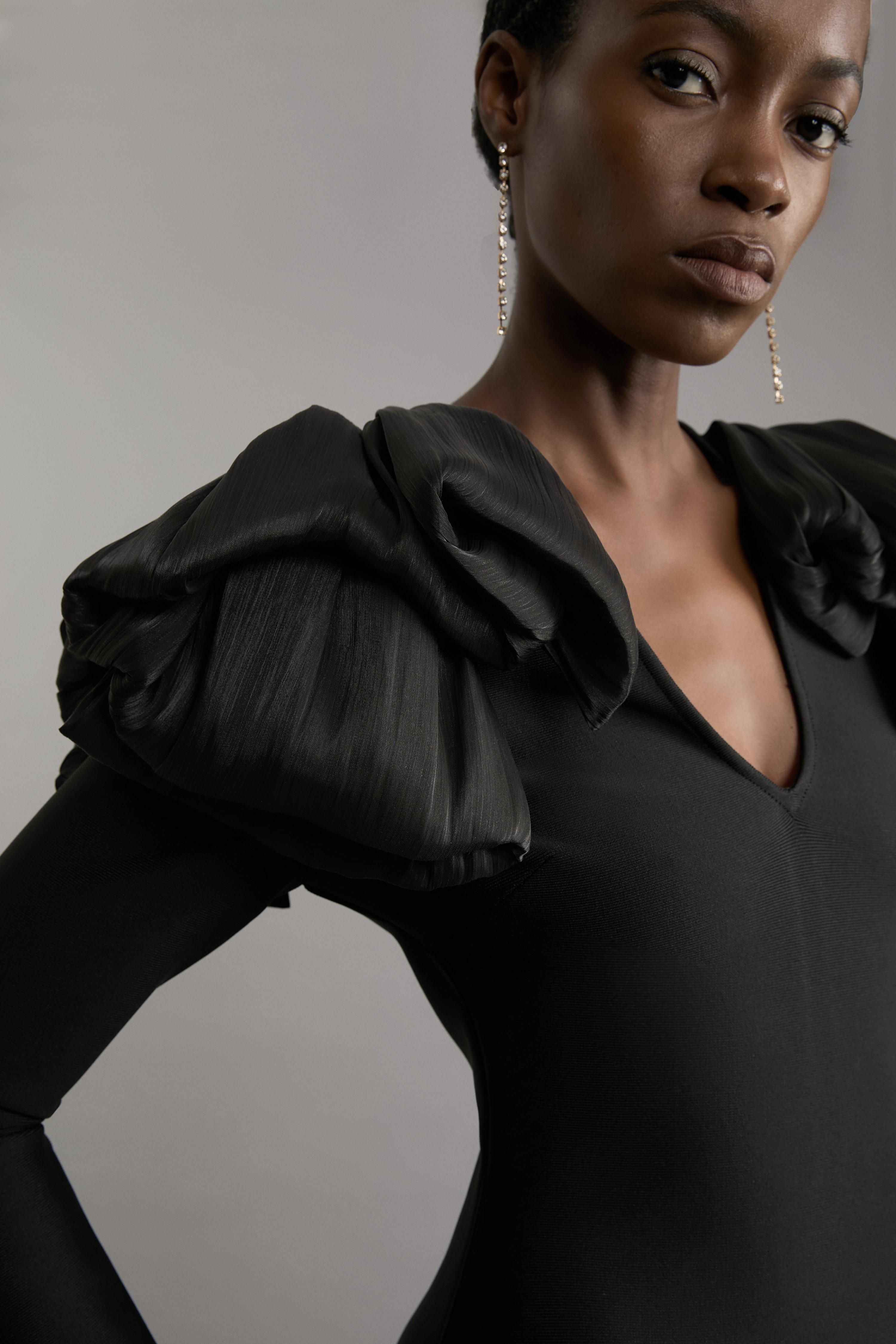 KarenMillen Figure Form Bandage Knit Silk Ruffle Shoulder Detail Midaxi Dress