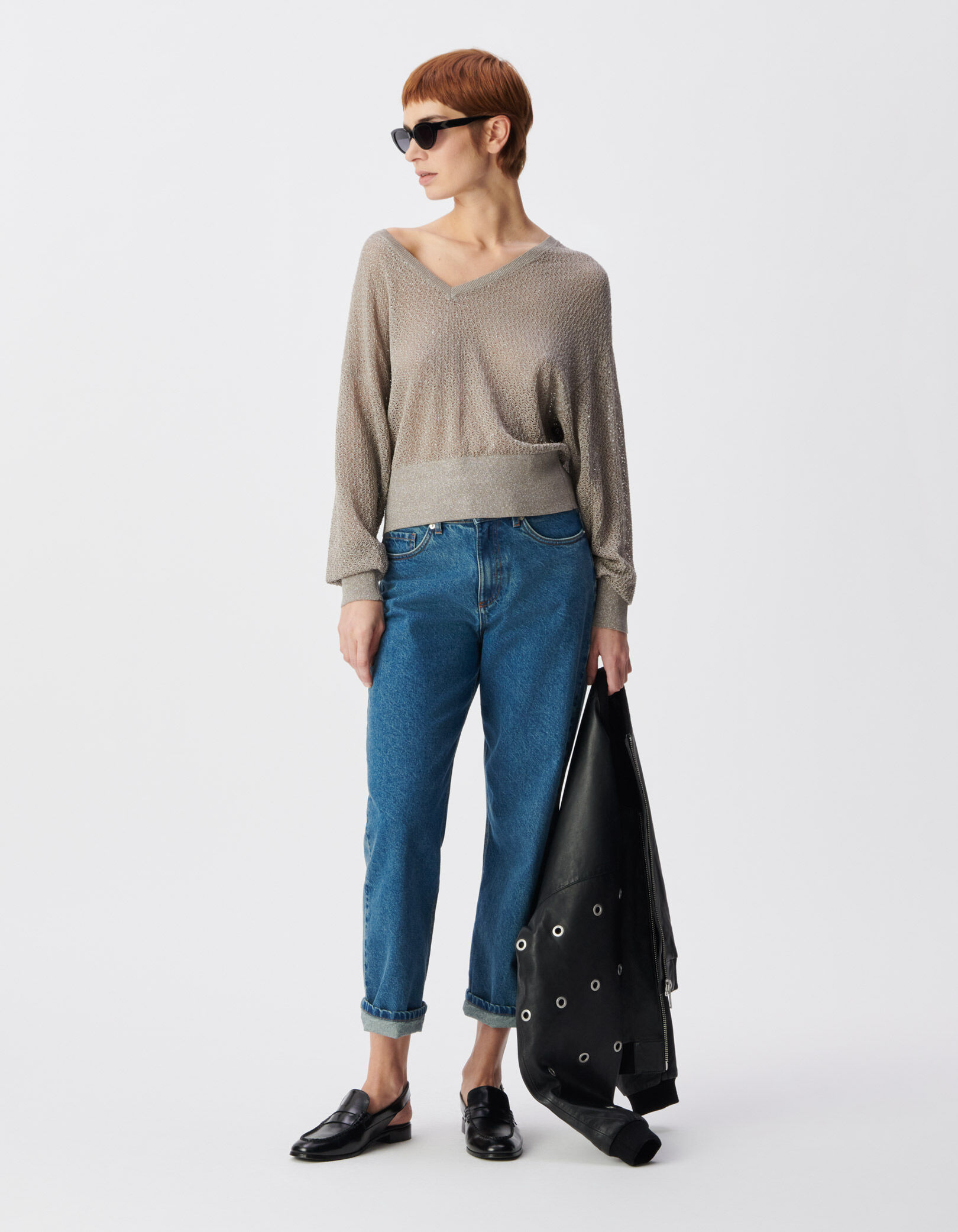 Pull chic beige tricot fantaisie pailleté ajouré Femme