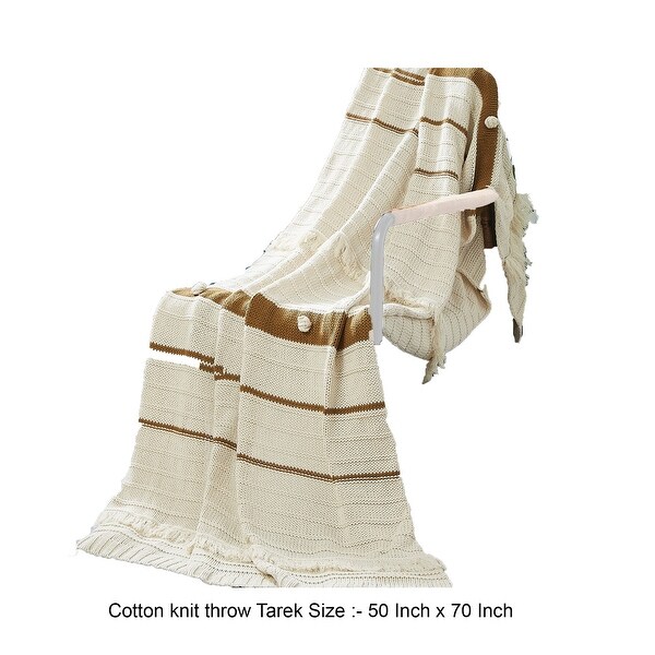 Kai 50 x 70 Throw Blanket with Fringes, Soft Knitted Cotton, Ivory, Gold