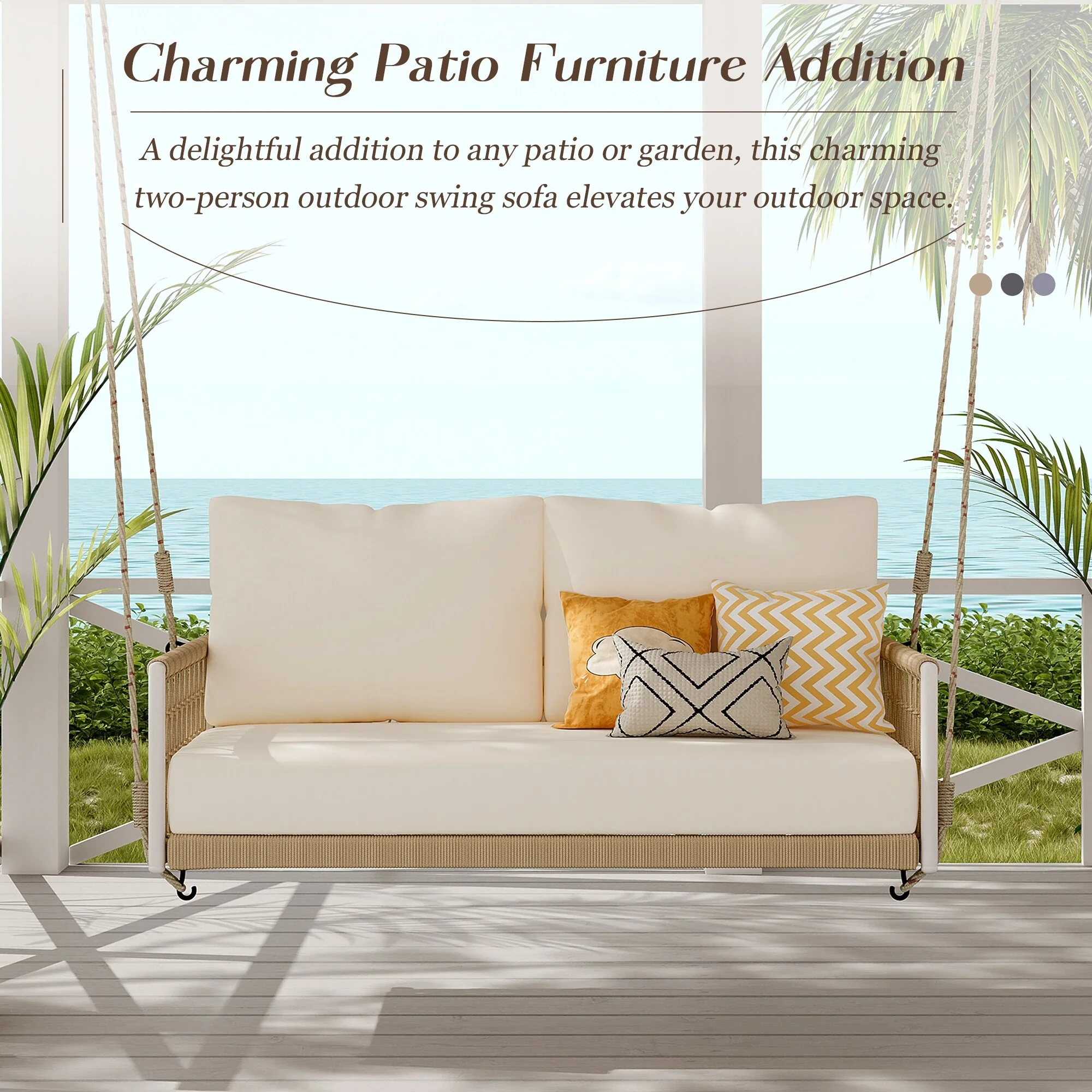 Woven Rope Porch Swings Sofa with Waterproof Cushions and 650lb Capacity Outdoor 2-Seater