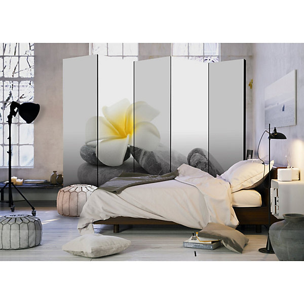 Paravent Lotus Blanc II Design Zen et Moderne 5 Volets 225 x 172 cm Gris et Blanc