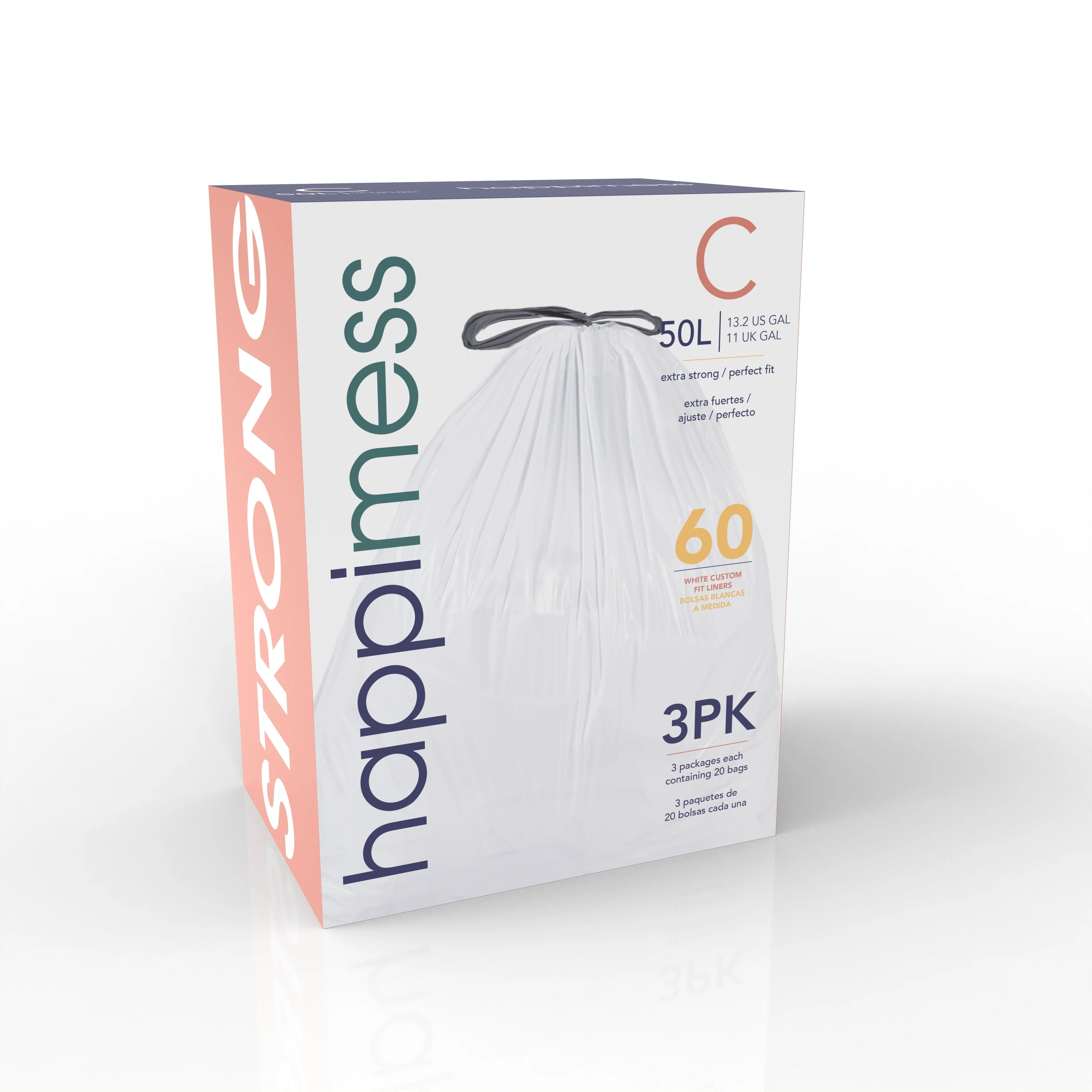 happimess 13.2 Gallon Drawstring Trash Can Liner, White (60-Count, 3-Packs of 20 Liners)