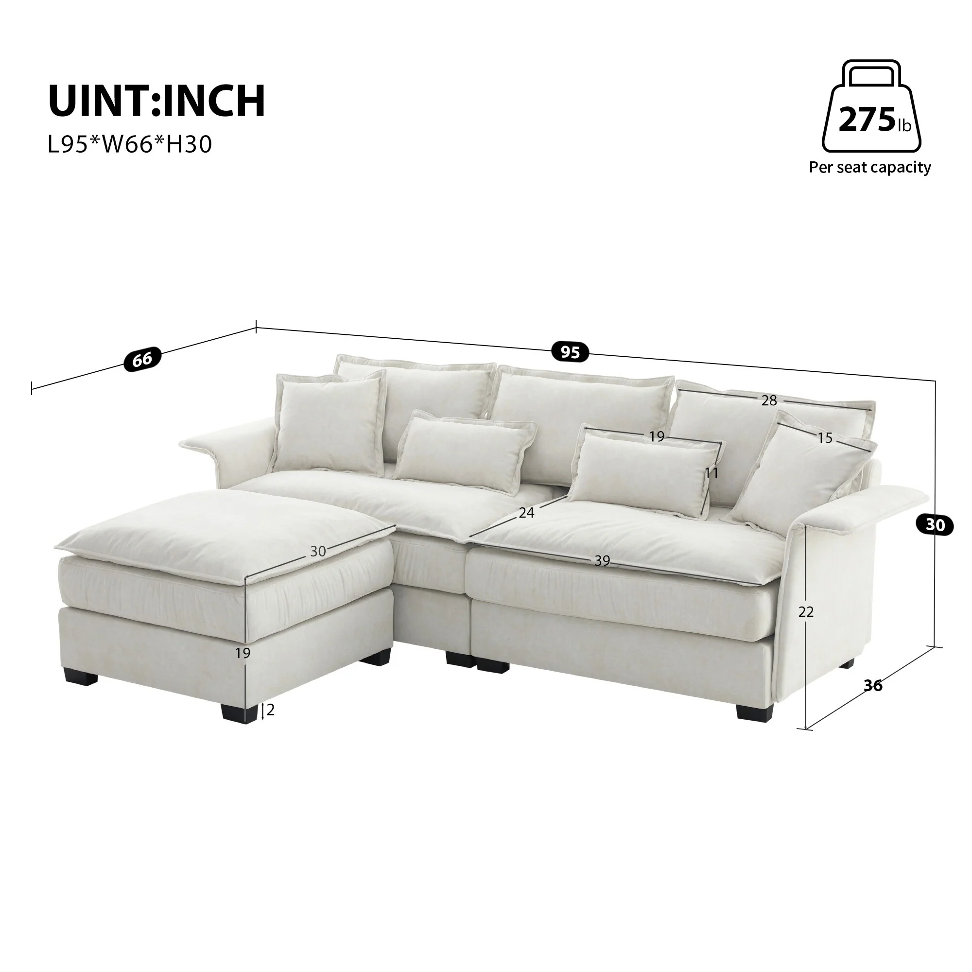 95 Luxury L-Shaped 3-Seat Sectional Sofa with Bentwood Armrests, Convertible Ottoman, and Dual Cushions