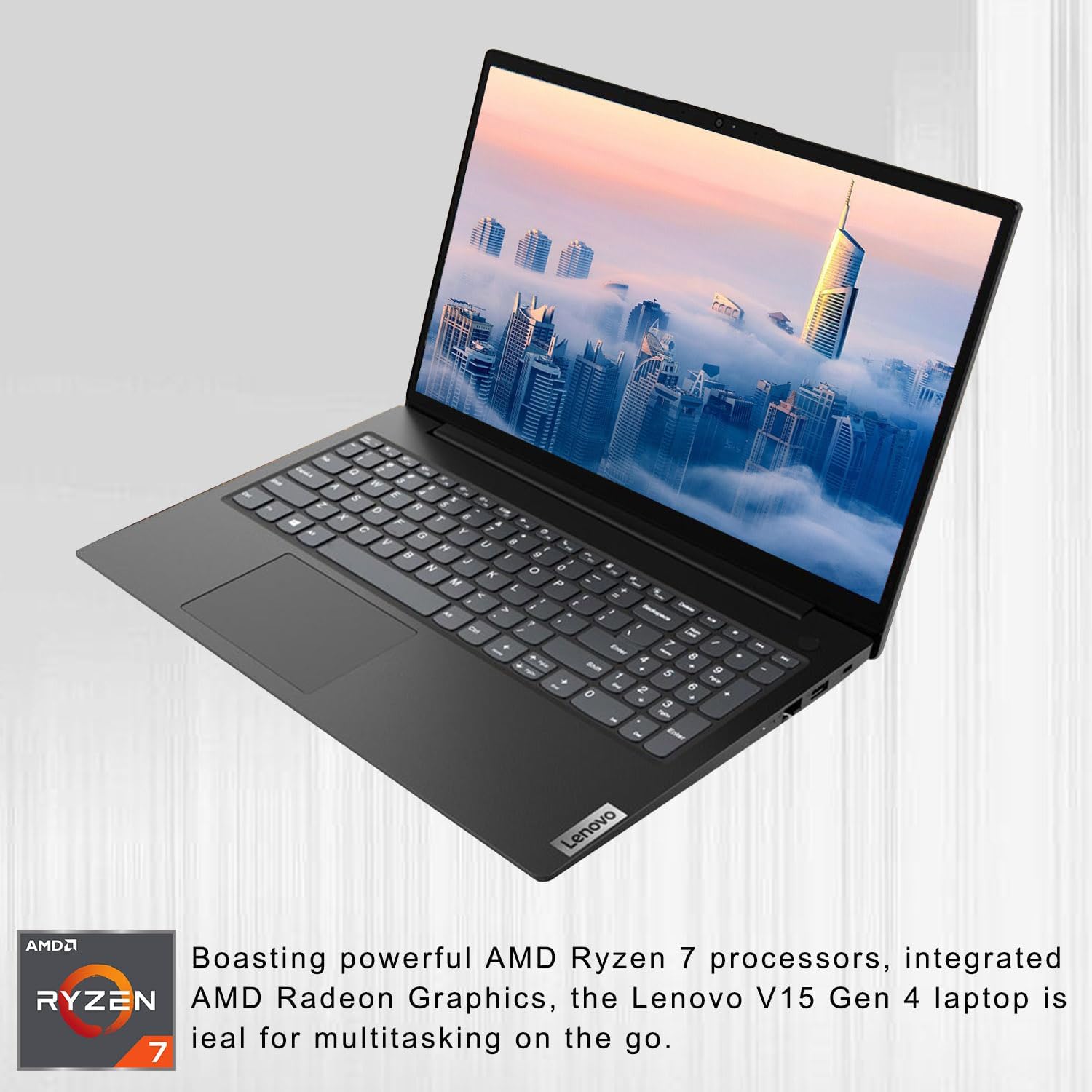 Lenovo V-Series V15 Business Laptop, 15.6 FHD Display, AMD Ryzen 7 7730U, 16GB RAM, 512GB SSD, Numeric Keypad, HDMI, RJ45, Webcam, Wi-Fi, Windows 11 Pro, Black