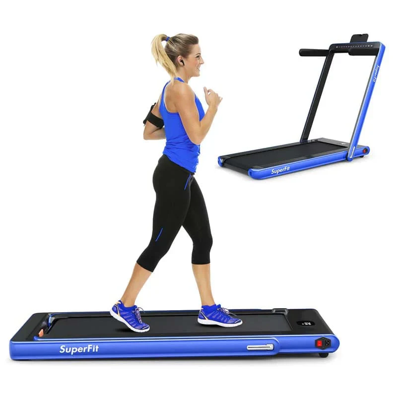 2 in 1 Folding Treadmill, 2.25HP Under Desk Electric Treadmill, Portable Walking Running Machine with Dual Display  Smart App Control(Blue)