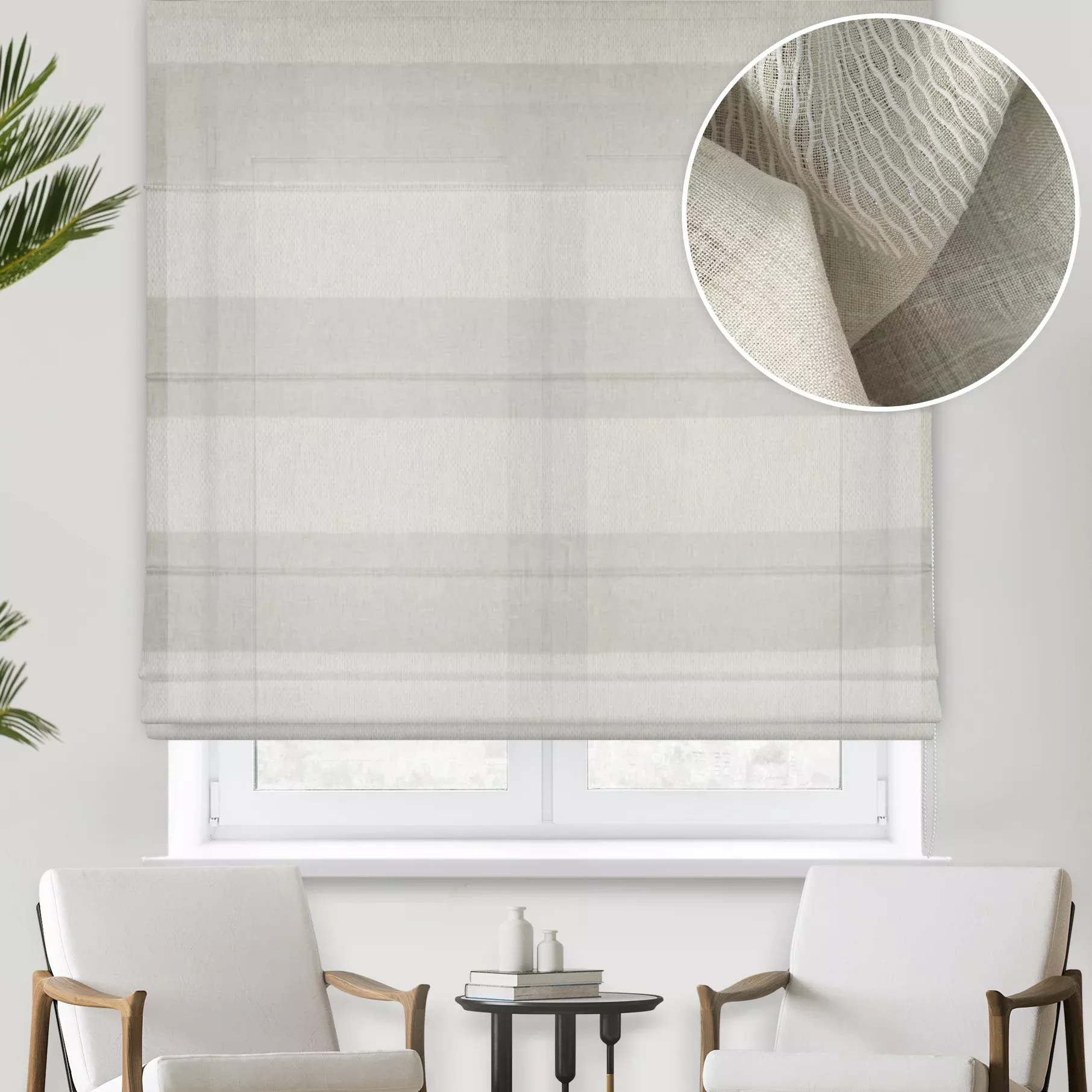 Roleta rzymska beżowa z matowej tkaniny przeszywana błyszczącą nicią