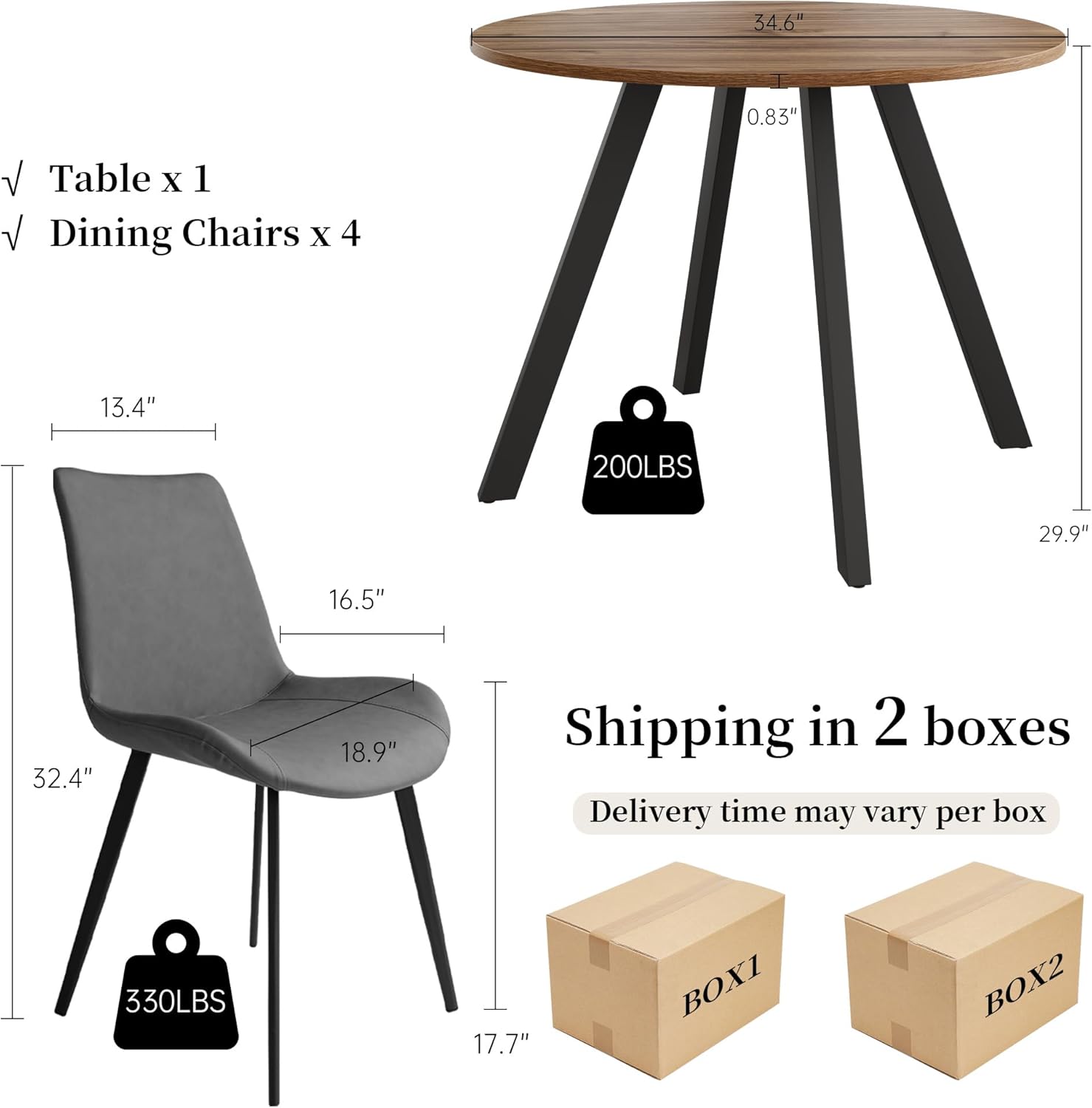 Zerifevni 34.6'' Round Dining Table and Chairs for 4 Space Saving for Apartment Kitchen Dining Room (Walnut Table+4 Grey Chairs)
