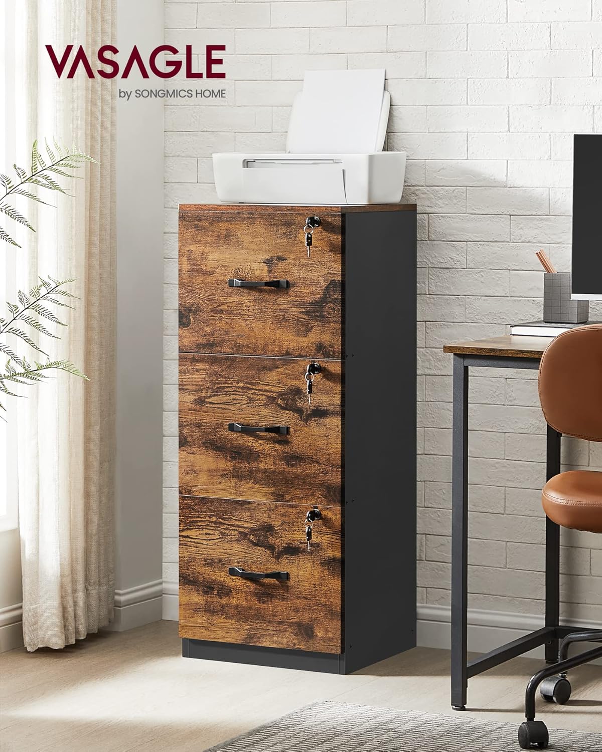 VASAGLE 3-Drawer Vertical File Cabinet, Filing Cabinet for Home Office, Printer Stand, with 3 Lockable Drawers, Adjustable Hanging Rail, for A4 and Letter-Size Files, Rustic Brown and Black UOFC055B01