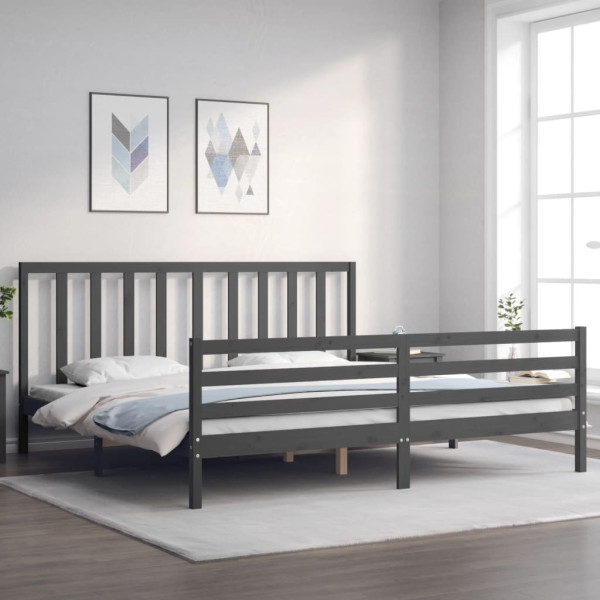 Rama łóżka z wezgłowiem szara 200x200 cm lite drewno