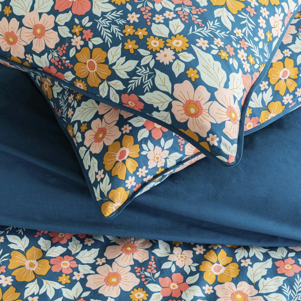 ONDINE - Parure de lit 2 personnes coton  imprimé bleu 260x240cm